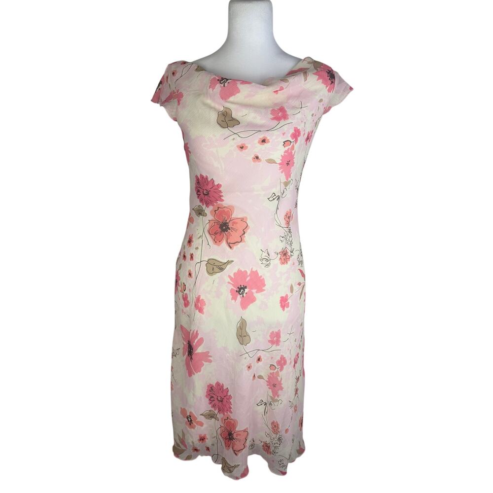 Vintage Womens Cowl Neck Lined Floral 90s Y2K Cap Sleeve Pink/Cream Midi Dress